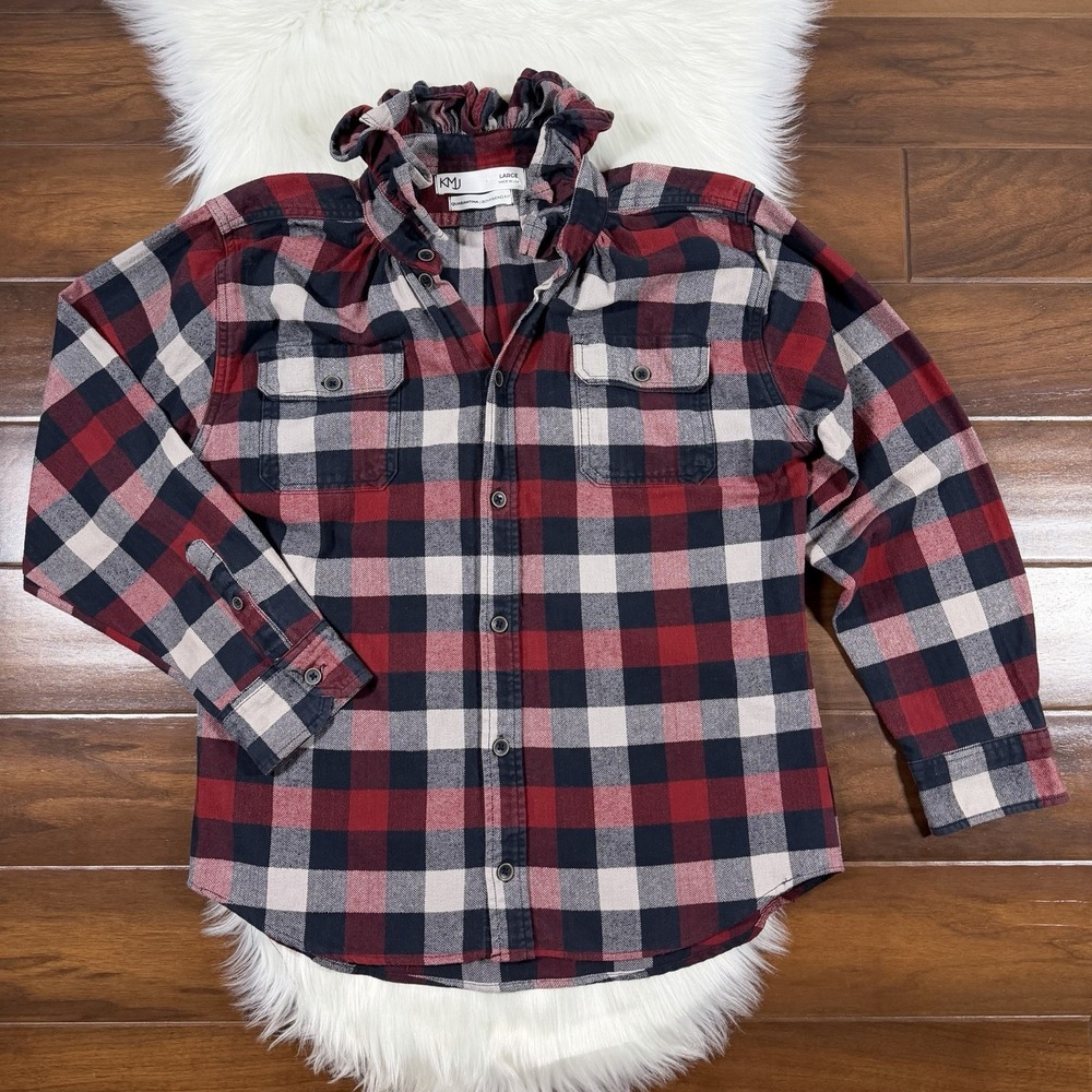 KMJ Size Large Plaid Ruffle Collar Button Down Quarantina Boyfriend Shirt